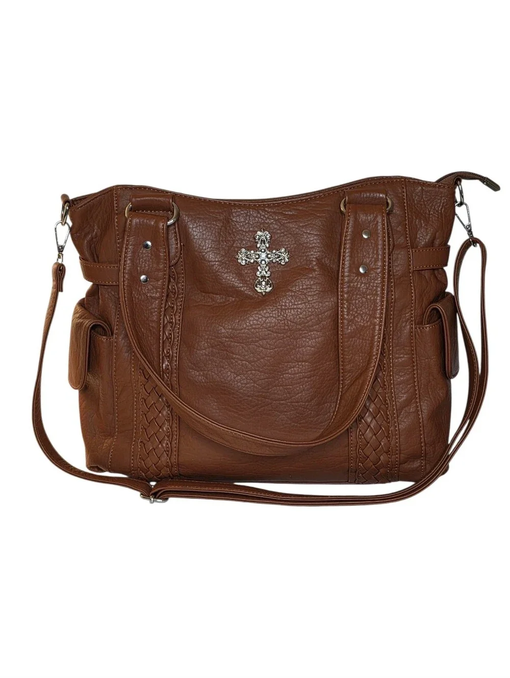 Large Tote Crossbody Bag Brown Vegan Leather Southwestern Silver Cross Purse